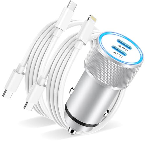 Zigarettenanzünder USB C Auto Ladegerät 40W,Kfz Ladegerät USBC Adapter Auto Schnellladung UsBC Zigarettenanzünder Adapter mit 2x Ladekabel für iPhone 17/16/15/14/13/12/11/Pro Max/Plus/XS/X/SE/8/7/iPad