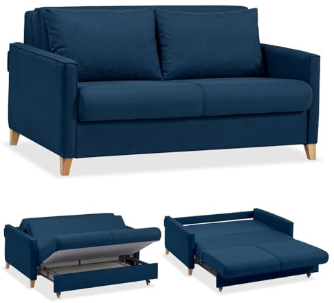 EVERGREENWEB - Divano Letto 2 Posti Matrimoniale L165xP110xA90 con Box Contenitore, Struttura Pieghevole Imbottita Tessuto Blu, Schienale a Doppio Cuscino, Sofà con Chaise Longue Estraibile, MARGOT