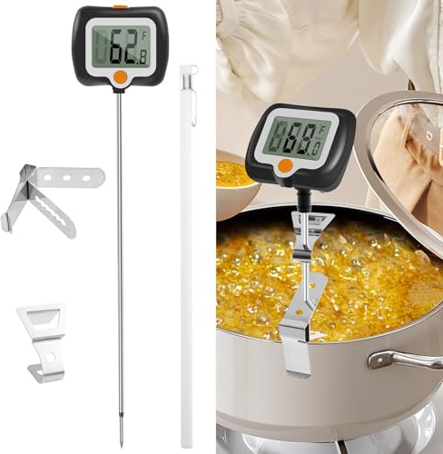 BAODBF Termometer med klämma, kökstermometer i rostfritt stål 300°/572°F, godistermometer digital med 23 cm lång sond, omedelbart läsbar matlagningstermometer för BBQ, biff, mjölk, godis