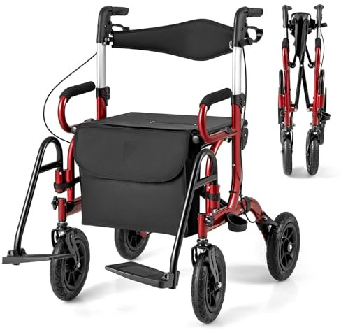 RELAX4LIFE Déambulateur 4 Roues Pliable Léger | Rollator 4 Roues Tout Terrain | Dossier Réversible | Siège Temporaire | Panier | Hauteur Réglable | Déambulateur Pliable pour Personnes Âgées (Rouge)