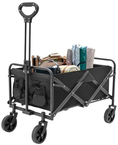Chariot à main pliable avec poche latérale et porte-gobelet, poignée réglable, capacité de charge de 80 kg, chariot de plage pour tous les terrains, camping et shopping en plein air