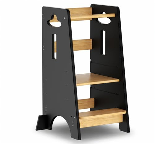 COSYLAND Lärande torn för barn - lärande torn i trä för spädbarn från 1 till 6 år - justerbar höjd i 3 nivåer - 80 cm - klassisk och naturlig svart