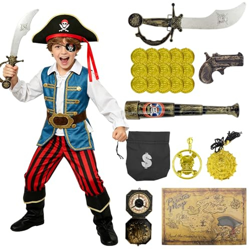 Xerteam set med 5 tallrikar piratkostnader barn med pirattillbehör, barns födelsedagskalas kostym pirat, pirathatt ögonlucka kikare kort kompass, halloween karneval utklädnad pojkar 4–9