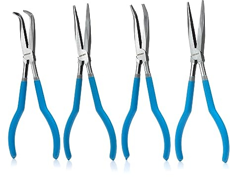NEIKO 02105A (4) Long Nose Plier 11” Long Reach, Straight, Angle, Curved Pliers, 45 & 90 Degree, bent Head Needle Nose Pliers Set for Mechanics, Long Handle Pliers