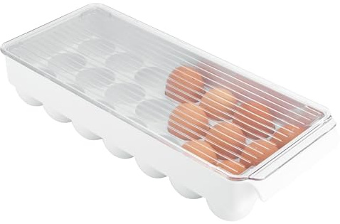iDesign Fridge/Freeze Binz Envase para huevos, huevera de plástico para 21 huevos, caja de huevos, blanco/transparente