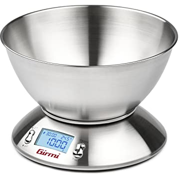 Girmi PS85 Bilancia Elettronica da Cucina,1 g/5 kg, Grande ciotola 2 L, Corpo e Ciotola Inox, Display retroilluminato, Funzione TARA, Timer