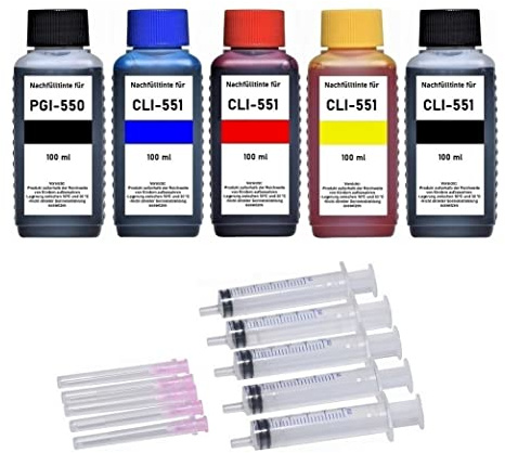 Inkpro Tintenpatronen Nachfüllset - 5 x 100 ml Tinten für Drucker-Patronen PGI-550 + CLI-551 - für Pixma IP 7250 8750 IX 6850 MG 5450 5550 5650 5655 6350 6450 6650 7150 7550 MX 725 925