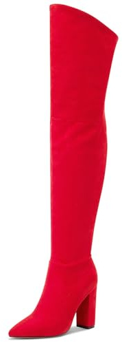 Castamere Mujer Botas de Moda Tacón Ancho Botas Sobre la Rodilla 10CM Tacón Alto Rojo Ante Zapatos EU 38
