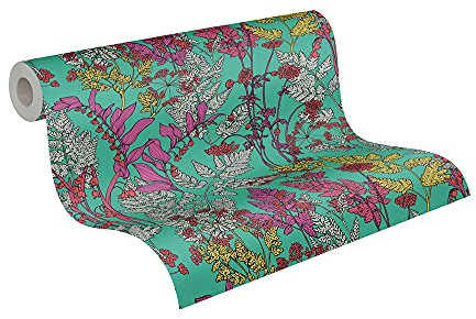 A.S. Création Architects Paper Blumentapete Floral Impression Tapete natürlich PVC-freie Vliestapete grün lila grau rot gelb matt glatt 377516 37751-6, 10.05 m x 0.53 m