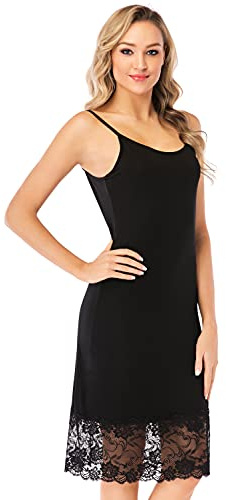 New front Femme Fond de Robe Coton à Bretelles Réglables Chemise de Nuit Dos Nus Col Rond sans Manches Gainante et Elastique Jupon sous Robe en Dentelle Sexy et Confortable,Noir,S