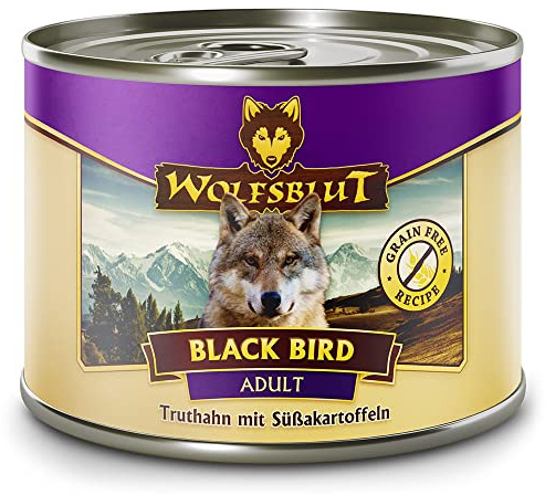 WOLFSBLUT – Black Bird Adult | Nassfutter mit natürlichen Zutaten und Superfoods für ausgewachsene Hunde. Getreidefreies Alleinfutter ohne Zusatzstoffe in der Dose | 6x200g Truthahn