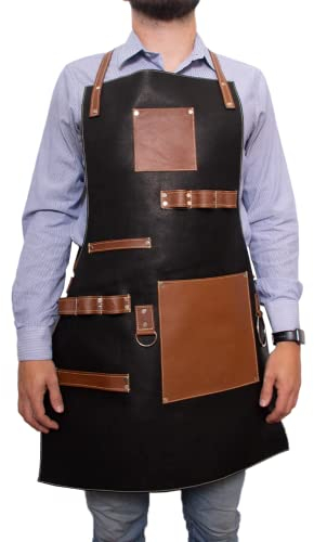 CTK Schürze aus echtem Grill, BBQ & Kochen aus Leder – Professionelle robuste Mehrzweckschürze – Küche, Barkeeper & Barista Schürze, Schwarze Schürze mit Taschen und Riemen aus dunkler Eiche, Standard