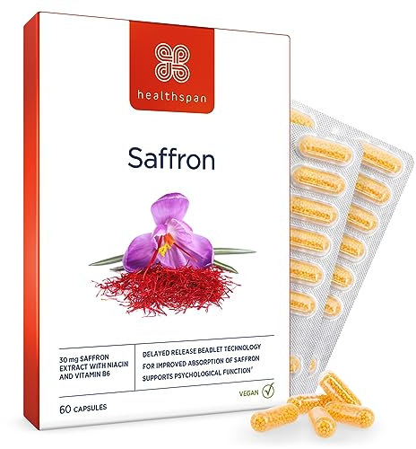 Healthspan 30 mg Safranextrakt (60 Kapseln) | Positive Stimmung & emotionales Gleichgewicht | Unterstützt Entspannung | Verringert Müdigkeit und unterstützt die normale psychische Funktion | Vegan