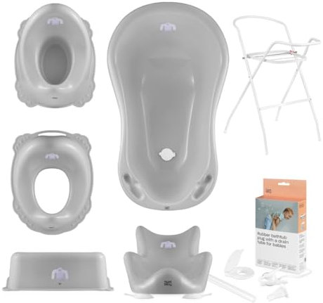 Hylat Baby Komplett-Set: Stabile Babybadewanne mit Gestell, Badesitz und Abfluss, Kinder-Toilettensitz, Babytopf, Kinderschemel - Yeti Grau - TÜV Rheinland zertifiziert - Lite-Kollektion