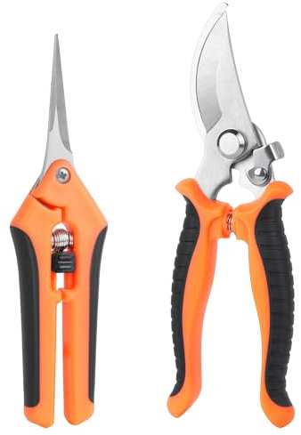 OFFCUP Sécateur de Jardin, 2pcs Sécateur à Lame Franche, Sécateurs Professionnel avec Poignée Verrouillable, Sécateurs pour Branches Bigneuses pour Tailler Jardins, Arbustes, Clôtures (Droit + Courbé)