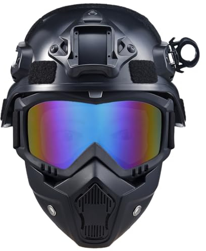 Airsoft & Paintball Tactical Helmet with Full Face Mask, Detachable Goggles, NVG Mount, Side Rail - Military Fast Base Jump PJ Style Adjustable Gear