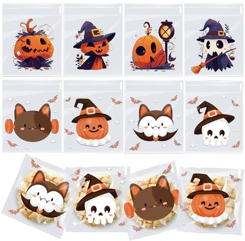 MORAINJAY 200 Pieces Halloween Candy Bags, Self Adhesive Clear Cookie Bags for Sweets, Biscuits, Treats, Party Favors and Goodie Supplies