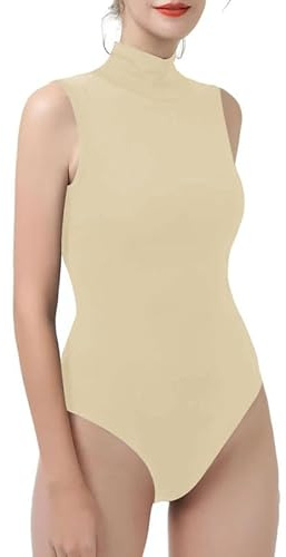 Prime fashions Women`s Sleeveless Turtle Neck Bodysuit Sexy Leotard Gymnastics clubbing Body Top Cream M-L