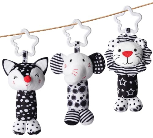 Aolso Bébé Jouets de Poussette,3Pcs Hochet Jouets Noir et Blanc, Sensoriel Jouet a Suspendre, Nouveau-né Cadeau, de siège d'auto pour Nouveau-né(Eléphant/Renard/Lion)