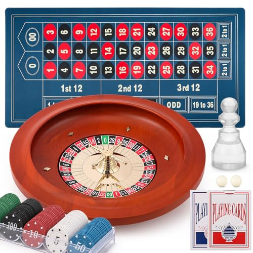 Proshine 11 Roulette Wheel Set: Solid Roulette Wheel with 47.2 * 23.6” Roulette Table Layout Felt Mat 100pcs ABS Poker Chips Roulette Win Marker 2 Decks of Playing Cards Casino Game Sets