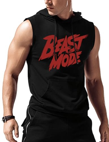 Amussiar Men's Workout Hooded Tank Tops Sleeveless Gym Training Hoodies Bodybuilding Muscle Cut Off T Shirt, Black Red-Beast Mode, XL