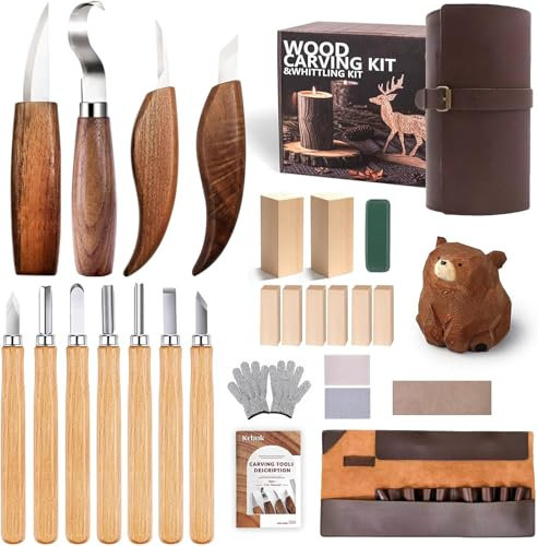 Set per Intaglio Legno 26 Pezzi - Include 11 Coltelli da Intaglio, Pietra Affilatura, Guida e Borsa - Kit Completo per Scultura su Legno - Ideale per Principianti e Professionisti