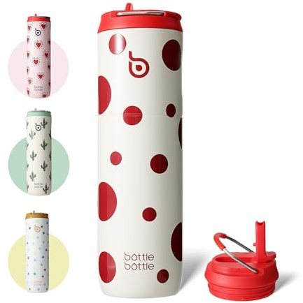 BOTTLE BOTTLE - Botella de agua aislada de 680,4 g con tapa de paja y asa para deportes, viajes, gimnasio, acero inoxidable, doble pared, a prueba de fugas, sin BPA (Polka Pop)