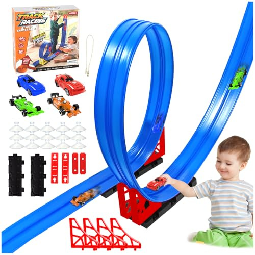 Audasi Circuit Voiture Enfant 4M, Piste de Course Portable Double Voies avec 4 Voitures Circuit de Course Flexible en Caoutchouc Piste de Voiture Flexible Enroulable pour Cadeau Garçons Filles Tool