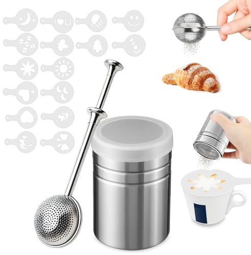 Musiook 2 Pack Stainless Steel Icing Sugar Shaker Duster and Flour Shaker Set, Chocolate Sprinkles for Cappuccino Stencils, Fine Mesh Flour Sieve for Baking Dusting Sugar, Cocoa, Spices