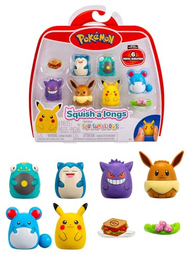 Pack de 6 Mini-Squish Pokémon Squish-a-Longs (Pikachu, Ectoplasma, Ronflex, Évoli, Ampibidou, Marill)