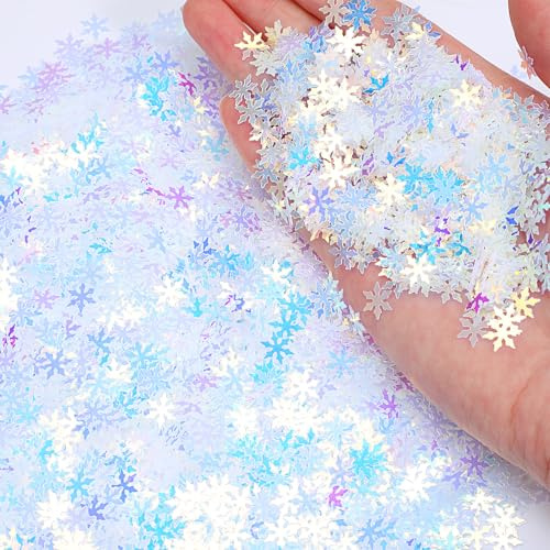2500 Pieces Snowflakes Confetti, Iridescent Christmas Table Confetti Glitter Snowflake Sequins Christmas Table Scatter Decor for Winter Wonderland Xmas Holiday Party Decoration (Transparent White)