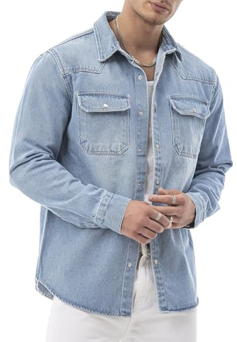 Redbridge by Spruce - Giacca camicia in denim - Camicia in jeans con bottoni a pressione - Overshirt con tasche sul petto - Maniche lunghe Regular Fit, Azzurro, XXL