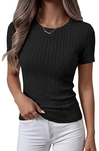 ANRABESS Womens Tops Short Sleeve Crewneck Shirts Slim Fit Ribbed Knit Lightweight Sweater 2026 Summer Dressy Casual T-Shirts Black Medium