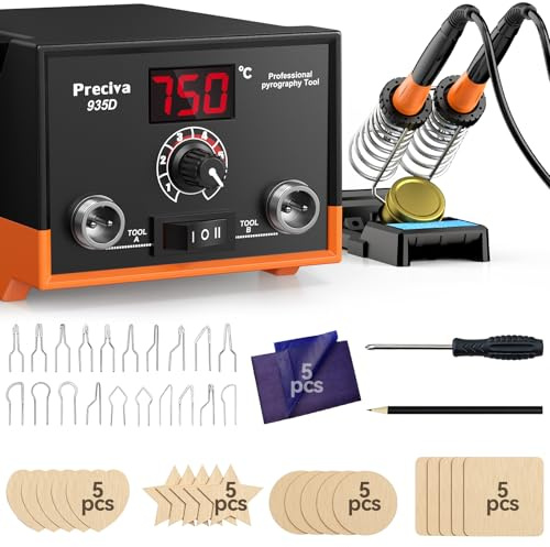 Brandmalstation, Preciva Brandmalerei Set 935D Bastelset Lötstation Lötkolben Set, Dual Brennkolben mit Displayanzeige 250-750 ℃ Holzbrennstation mit Holzscheiben für Holz, Leder und Kork DIY