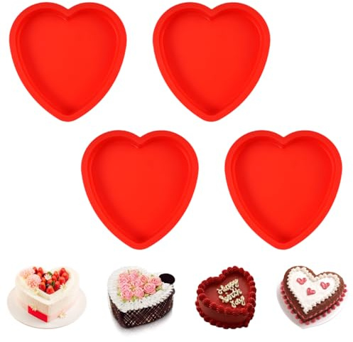4 Piezas Molde Bizcocho Corazon Silicona, 17 x 16,7 x 2,2 cm Fáciles de Desmoldar Antiadherente Moldes en Forma de Corazon Sin BPA, para Tartas de Cumpleaños de Aniversario, DIY, Pudines, Mousses