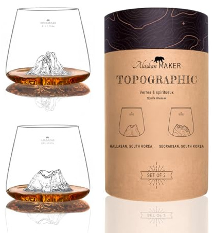 Alaskan MAKER Bicchieri da Whisky 350 ml (confezione da 2) – Borosilicato di alta qualità, soffiati artigianalmente con montagne in rilievo, forma a tulipano, distillati topografici (Hallasan