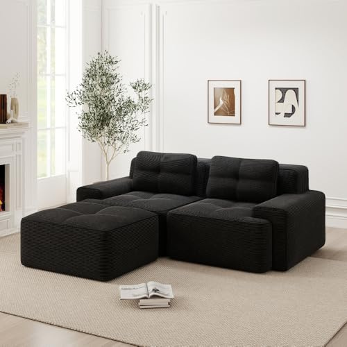 Divano modulare angolare a L,divano componibile Boneless 2 posti con 1 poggiapiedi,divano a compressione (senza montaggio),divano con seduta profonda,divani Componibili 2 posti ,velluto a coste(Nero