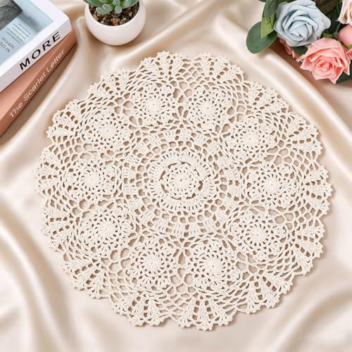 Platzdeckchen Individual Redondo, Mantel Individual Redondo, tapete de Encaje, tapete de Mesa de Ganchillo para decoración, Boda, Fiesta y Uso en el hogar, (Beige, 40 cm de diámetro)