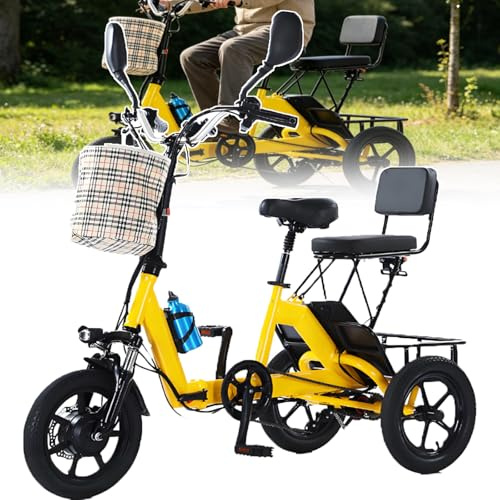 ErShangMao Triciclo Eléctrico para Adultos Mayores Y para Quienes Se Desplazan A Diario, Triciclo Eléctrico con 3 Modos, Plegable, 20 Km/H, Autonomía De 40 Km, Carga De 200 Kg Yellow