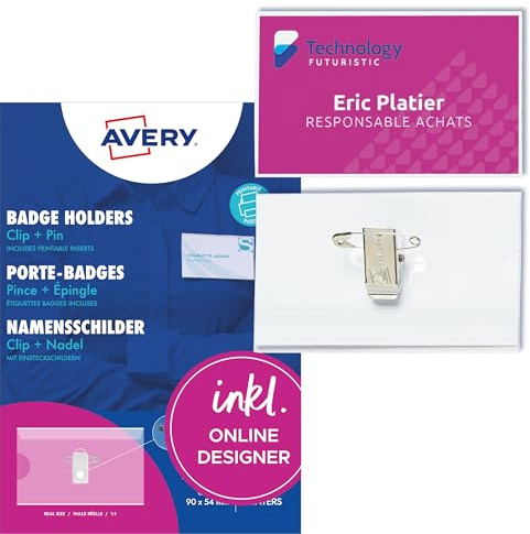 AVERY Porte-badges Combi Pince et Epingle - 50 Inserts Inclus - Format 90 x 54 mm - Impression Laser et Jet d'encre