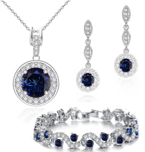 Crystalline Azuria Blauer simulierter Saphir Zirkonia Kristalle Rund Schmuck-Set Halskette Anhänger 45 cm Ohrringe Armband 18 kt Vergoldet