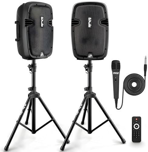 Powered PA Speaker System Active & Passive Bluetooth Loudspeakers Kit with 8 Inch Speakers, Wired Microphone, MP3/USB/SD/AUX Readers, Speaker Stands- PYLE PPHP849KT.5,Black