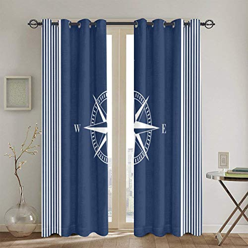 DmiGo Rideaux perforés,Ancres Bleu Marine à Rayures Nautiques Bleues avec Rideaux de fenêtre de Chambre à Coucher de Salon Blanc étoilé,2 Panneaux,260cmx180cm