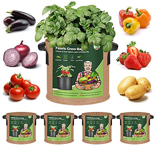 T4U 5-Pack 3 Gallon Fabric Plant Grow Bags, Heavy Duty Smart Growing Bag with Handle, Thickened Breathable Nonwoven Growbag Planter Container for Potato Tomato Chili Strawberry Vegetable Seed Outdoor