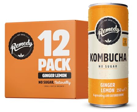 Remedy Raw Kombucha Tea - Sparkling Live Cultured Drink - Sugar Free Ginger Lemon - 250ml Can (12 Pack)