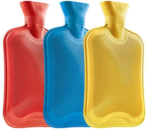 Wärmflasche Ohne Bezug, 2er und 3er Pack Wärmflaschen Groß 1.8L Gummi, Hot Water Bottle Robust und Langlebig aus Naturkautschuk, Bettflasche für Kinder und Erwachsene (Blau/Rot/Gelb, 3 pack)