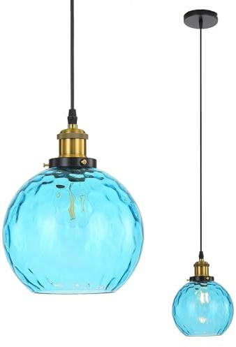 LFsem Klein Pendelleuchte mit 15cm Buntem Wirbelndem Glaskugel-Lampenschirm, Industrielle Vintage E27 Hängelampe für Küche, Esszimmer, Schlafzimmer und Wohnzimmer (Blau)
