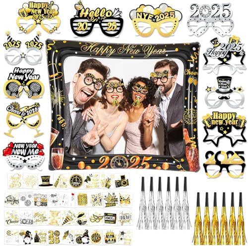 HOWAF Silvester Deko 2026, Aufblasbarer Fotorahmen Silvester Brille 2026 Partybrille Frohes Neues Jahr Tattoos Partytröten für Foto Requisiten Neujahr Deko, Happy New Year Deko 2026, Schwarzes Gold
