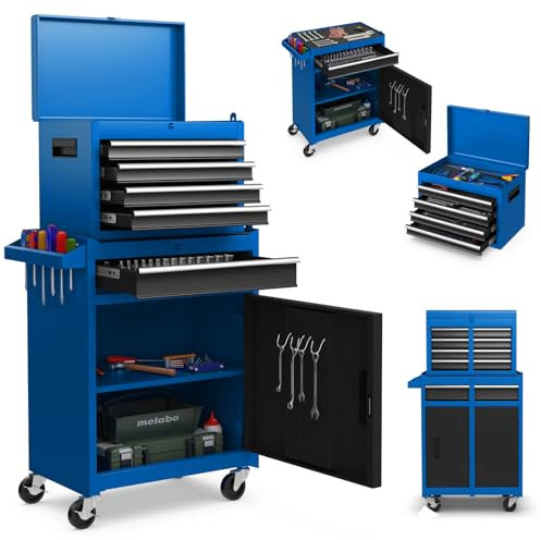GiantexUK Tool Cabinet, 2 in 1 Lockable Metal Tool Chest with Removable Top Cabinet, Wheels, 5/6 Drawers, Pegboard & Hooks, Heavy-duty Rolling Tool Box Trolley (with Adjustable Shelf, Black + Blue)
