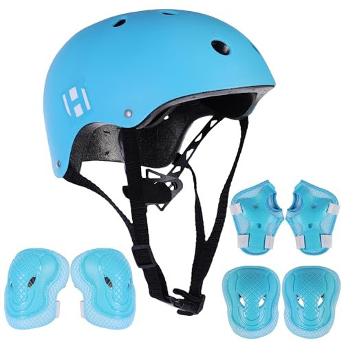 Habib Gruppe Casque de vélo réglable pour enfant et ensemble de 6 protections – Ventilé, genouillères, coudes, protège-poignets, pour filles et garçons, 8 à 13 ans, vélo, scooter, escalade, skateboard